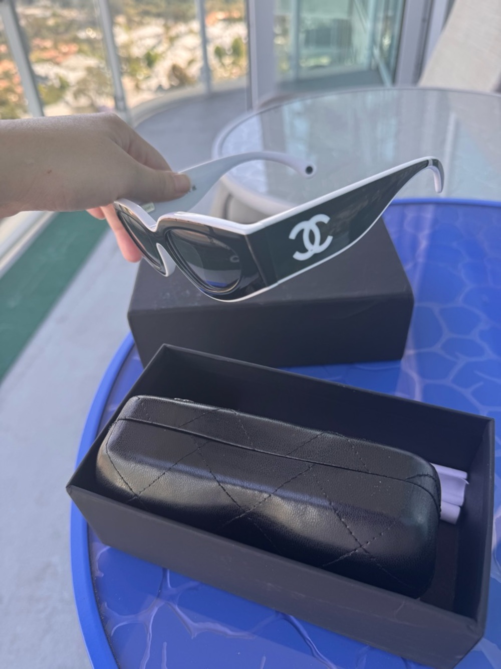 CHANEL Black and White Cat Eye Sunglasses